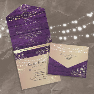 Invitation Tout En Un Lumières de Chaîne Rustiques Violettes Mariage