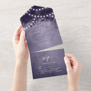 Invitation Tout En Un Lumières de corde d'arbre violet rustique Mariage
