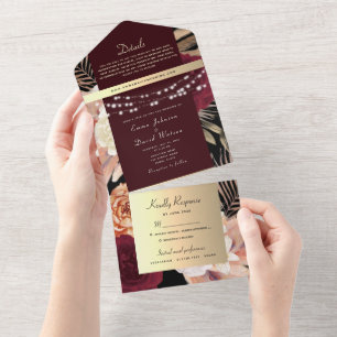 Invitation Tout En Un Lumières de corde de Bourgogne Noir Or Mariage Tou