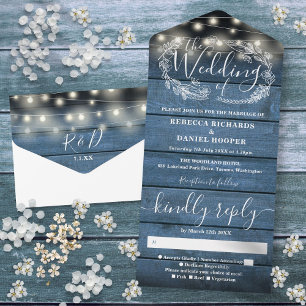 Invitation Tout En Un Lumières de corde en bois bleu rustique Fleur de m