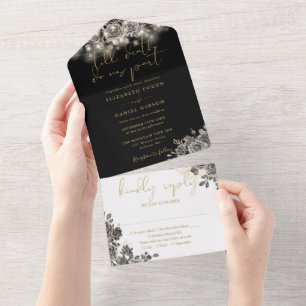 Invitation Tout En Un Lumières de corde florales gothiques or et noir Ma