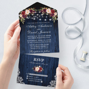 Invitation Tout En Un Lumières de dentelle en bois bleu Mariage rustique