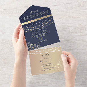 Invitation Tout En Un Lumières de mariage à cordes dorées et bleu marine