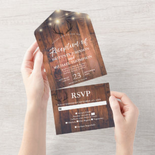 Invitation Tout En Un Lumières de mariage à cordes en bois de cerf rusti