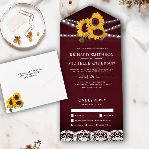 Invitation Tout En Un Lumières de mariage au tournesol en dentelle de bo