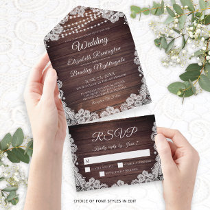 Invitation Tout En Un Lumières de mariage rustiques en bois avec dentell