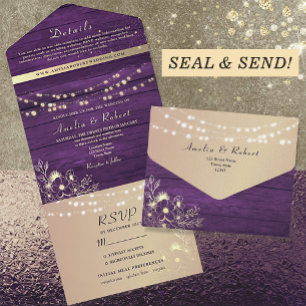Invitation Tout En Un Lumières de mariage rustiques violettes en ficelle