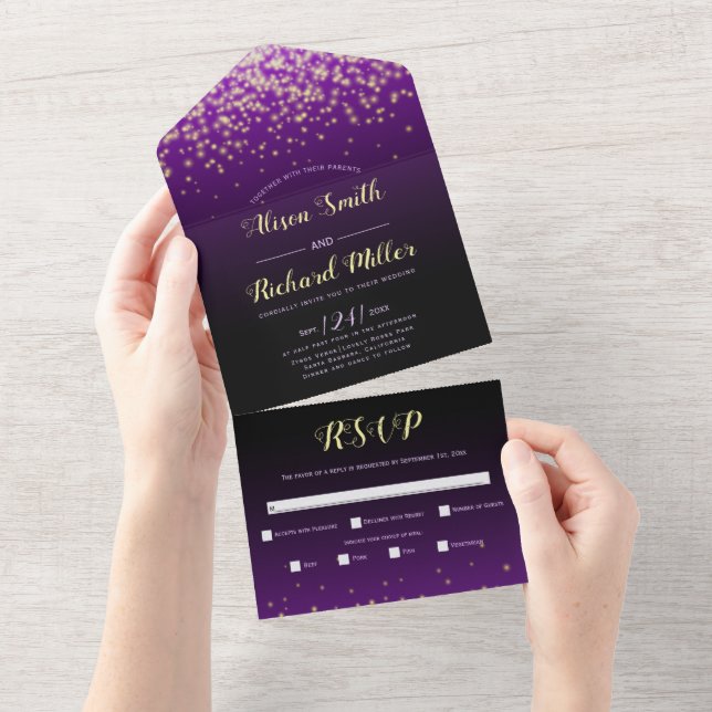 Invitation Tout En Un Lumières étincelantes violet nuit d'hiver mariage (Déchirure)