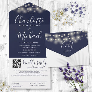 Invitation Tout En Un Lumières Guirlande Bleu Marine Code QR Mariage Scr