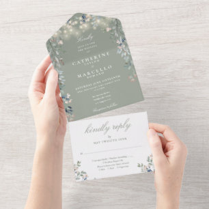 Invitation Tout En Un Lumières Guirlandes Florales Vert Sauge Mariage