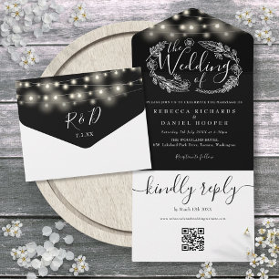 Invitation Tout En Un Lumières Guirlandes Noir et Blanc Code QR Mariage