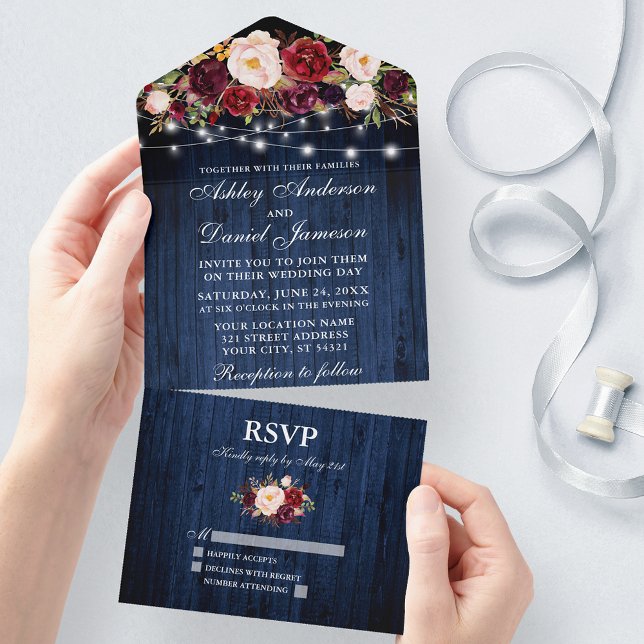 Invitation Tout En Un Lumières mariage Bourgogne Floral Bleu Bois (All In One Wedding Invitation with tear off RSVP Card)