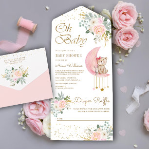 Invitation Tout En Un Lune rose florale mignonne Baby shower Ours tourbé