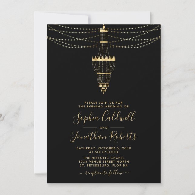 Invitation Tout en un lustre or noir Mariage du soir (Devant)