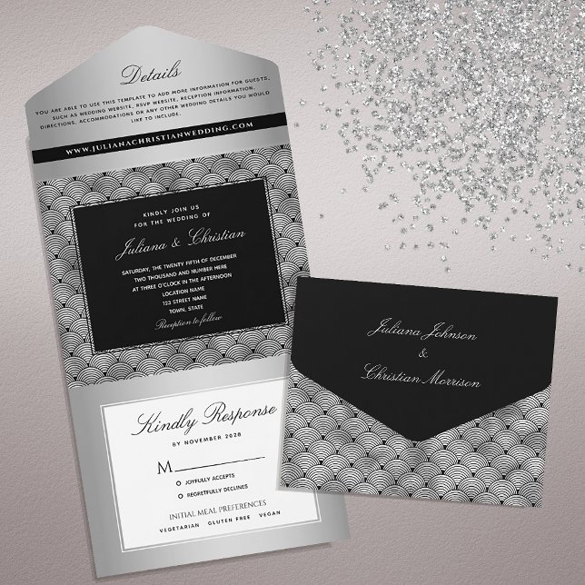 Invitation Tout En Un Luxe Chic Silver Mariage noir (Créateur téléchargé)