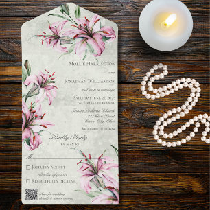 Invitation Tout En Un Lys roses sur Sage vert QR Code