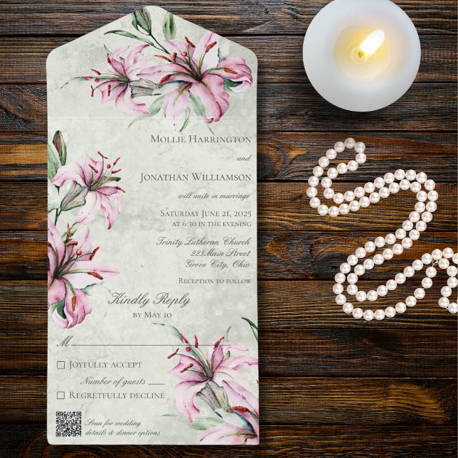 Invitation Tout En Un Lys roses sur Sage vert QR Code (Créateur téléchargé)