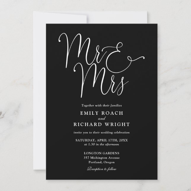 Invitation Tout En Un M. Et Mme Chic Mariage Noir Et Blanc (Devant)