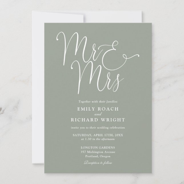 Invitation Tout En Un M. Et Mme Chic Sage Mariage Vert (Devant)