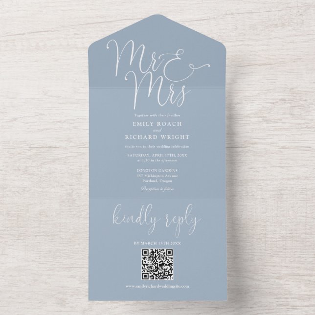 Invitation Tout En Un M. Et Mme Code QR Moderne Dusty Mariage bleu (À l'intérieur)