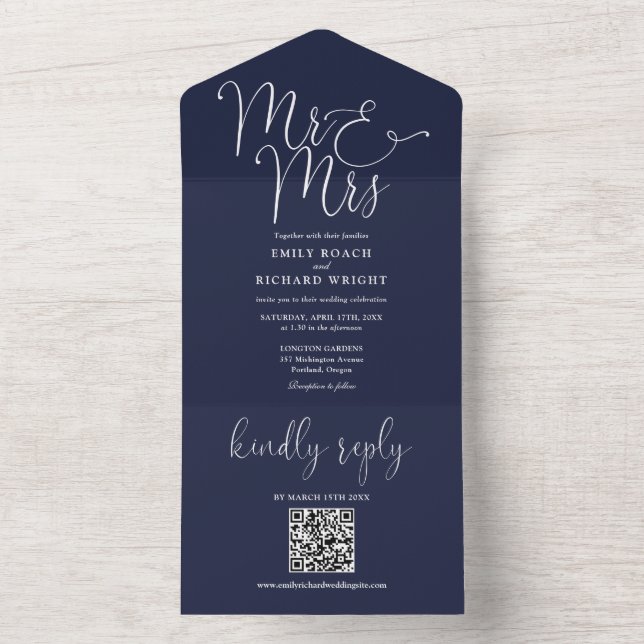 Invitation Tout En Un M. Et Mme Code QR moderne Marine Mariage bleu (À l'intérieur)