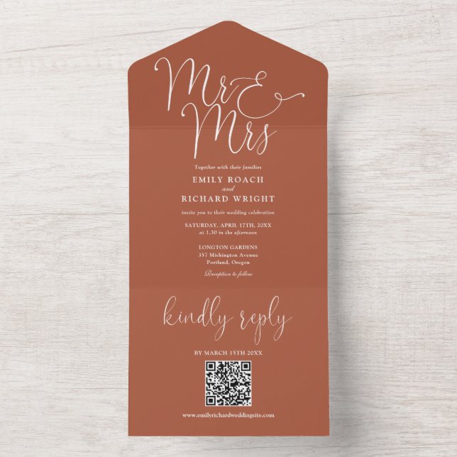 Invitation Tout En Un M. Et Mme Modern QR Code Mariage en terre cuite (À l'intérieur)