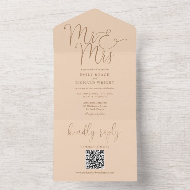 Invitation Tout En Un M. Et Mme Moderne QR Code Mariage Soft Peach (À l'intérieur)