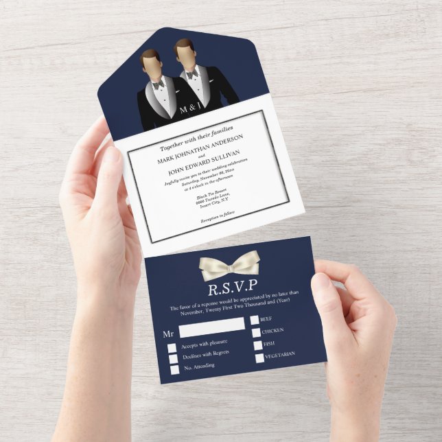 Invitation Tout En Un M. | M. Gay couple homme mariage photo bleu (Déchirure)