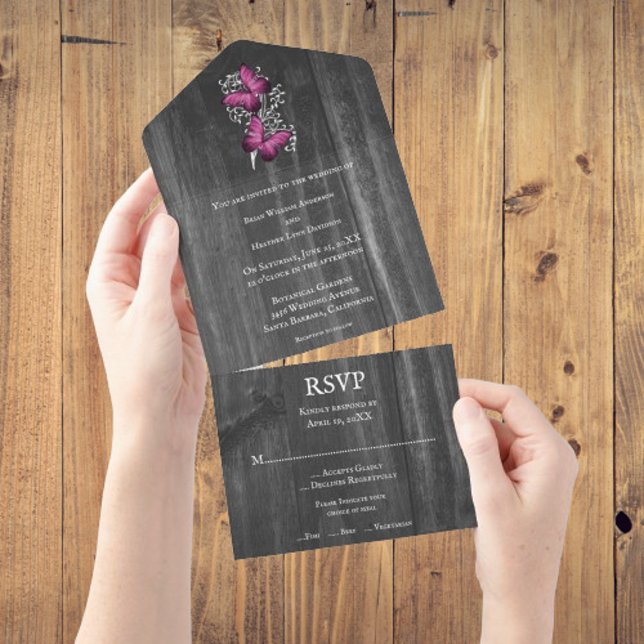 Invitation Tout En Un Magenta Rustic Butterfly All in One Wedding Invita (Magenta Rustic Butterfly All In One Wedding Invite)
