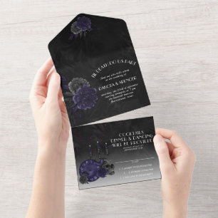 Invitation Tout En Un Magie du zodiaque   Roses de crâne gothique indigo