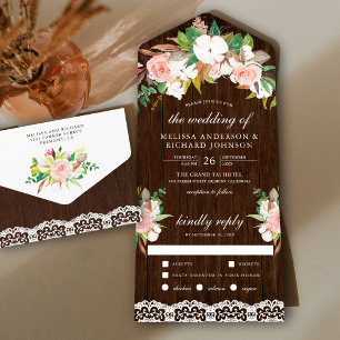 Invitation Tout En Un Magnolia Coton Teinte Rose Floral Bois Mariage