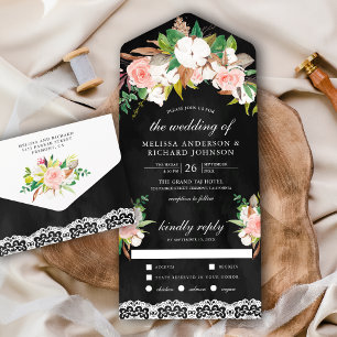 Invitation Tout En Un Magnolia Coton Teinte Rose Floral Noir Mariage