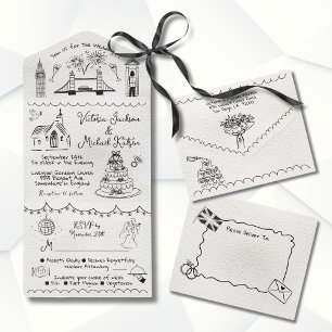 Invitation Tout En Un Main Drawn funky England doodle mariage
