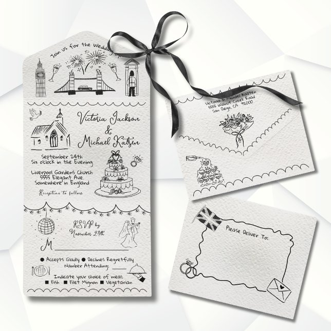 Invitation Tout En Un Main Drawn funky England doodle mariage (Créateur téléchargé)