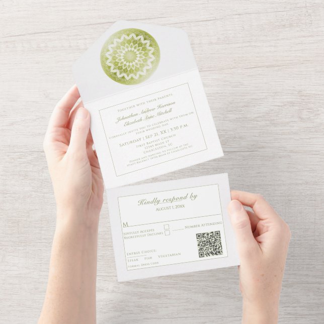 Invitation Tout En Un Mandala de mariage Green Lace (Déchirure)