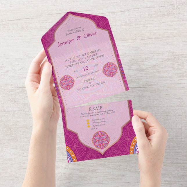 Invitation Tout En Un Mandala mix in Cerise Pink Blues & Orange (Déchirure)