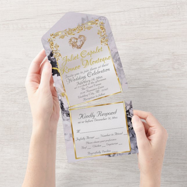 Invitation Tout En Un Marble & White, Gold Frame, Gold Heart (Déchirure)