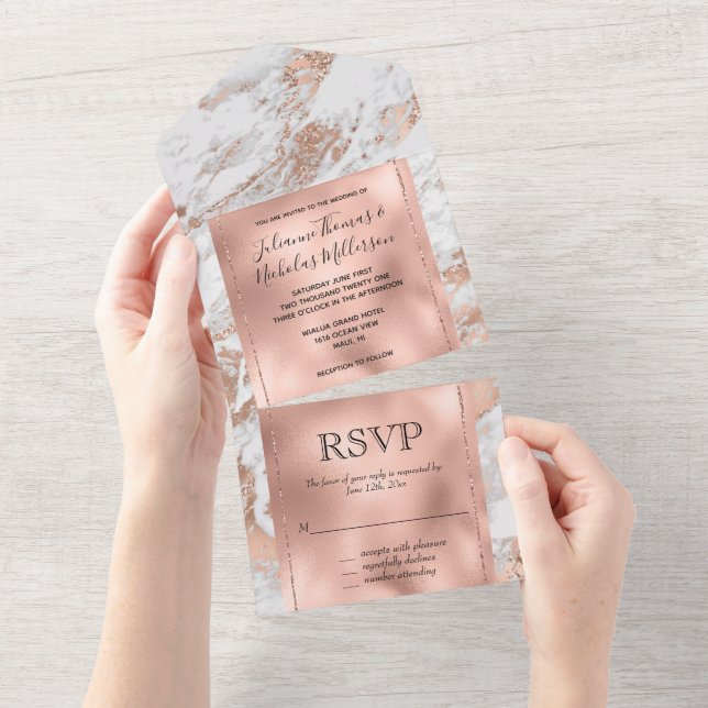 Invitation Tout En Un Marbre blanc rose Gold Glitz (Déchirure)