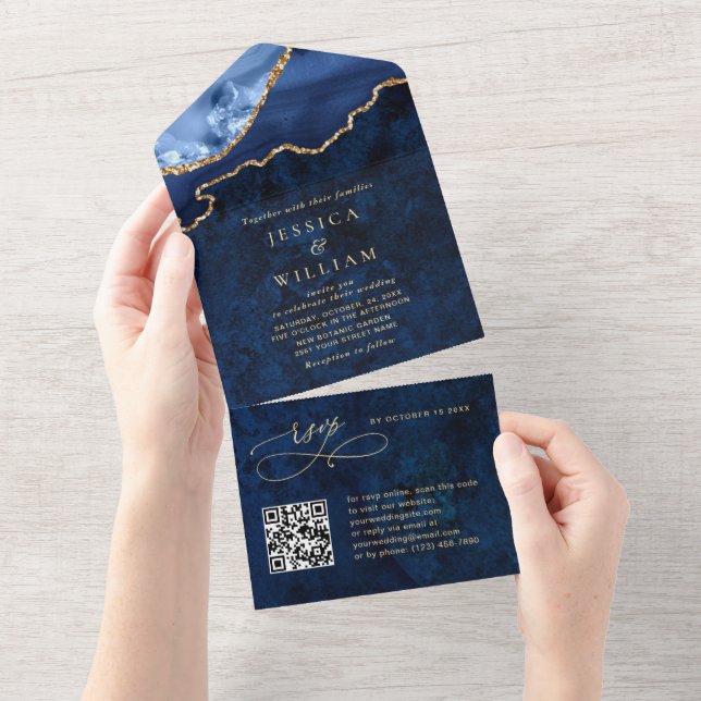 Invitation Tout En Un Marbre bleu marine moderne Mariage d'âge (Déchirure)