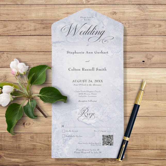 Invitation Tout En Un Marbre bleu moderne Code QR minimal (Créateur téléchargé)