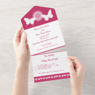 Invitation Tout En Un Marguerites et papillons en framboise