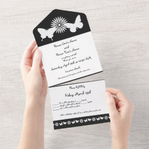 Invitation Tout En Un Marguerites et papillons en noir Tout en un Invita