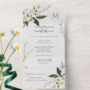 Invitation Tout En Un Marguerites sur un Monogramme de peinture blanche