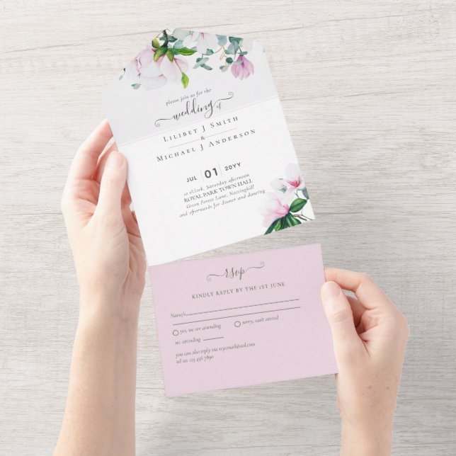 Invitation Tout En Un Mariage 3in1 rose Magnolias Sage Eucalyptus RSVP (Déchirure)