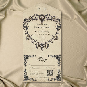 Invitation Tout En Un Mariage à cœur filigrané gothique sur parchemin br