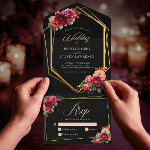 Invitation Tout En Un Mariage à fleurs noir rouge chic