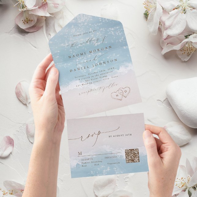 Invitation Tout En Un Mariage à la plage coeurs dans le sable écriture m (Modern Script Hearts in the sand Beach wedding All In One Invitation)