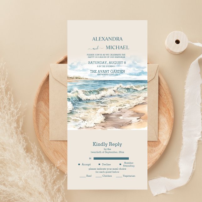 Invitation Tout En Un Mariage à la plage d'océan d'été à l'aquarelle (Créateur téléchargé)
