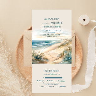 Invitation Tout En Un Mariage à la plage océanique d'été à l'aquarelle