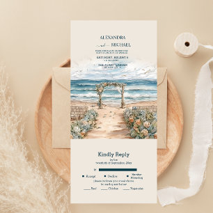 Invitation Tout En Un Mariage à la plage océanique d'été à l'aquarelle